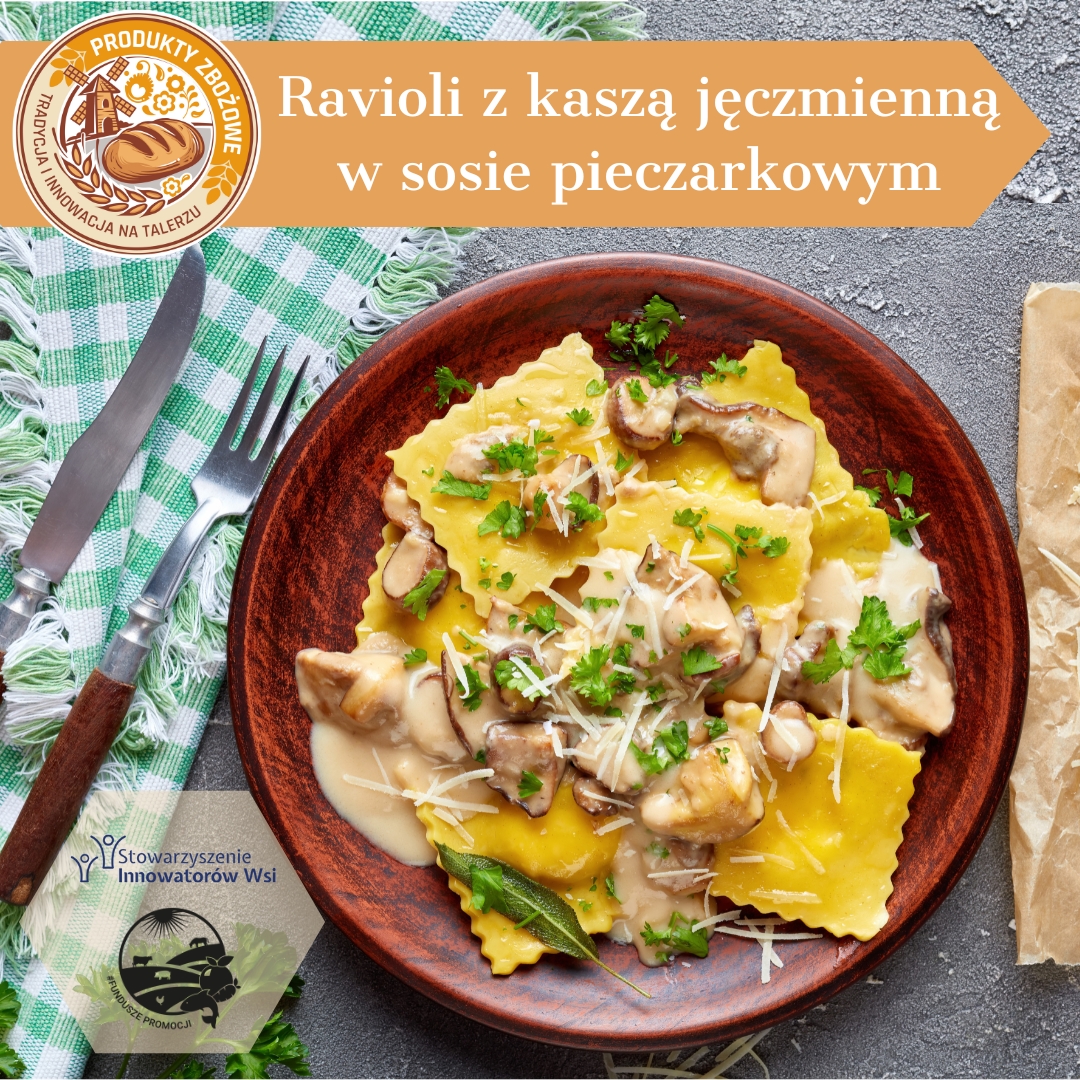 Ravioli z kasza jeczmienna w sosie pieczarkowym