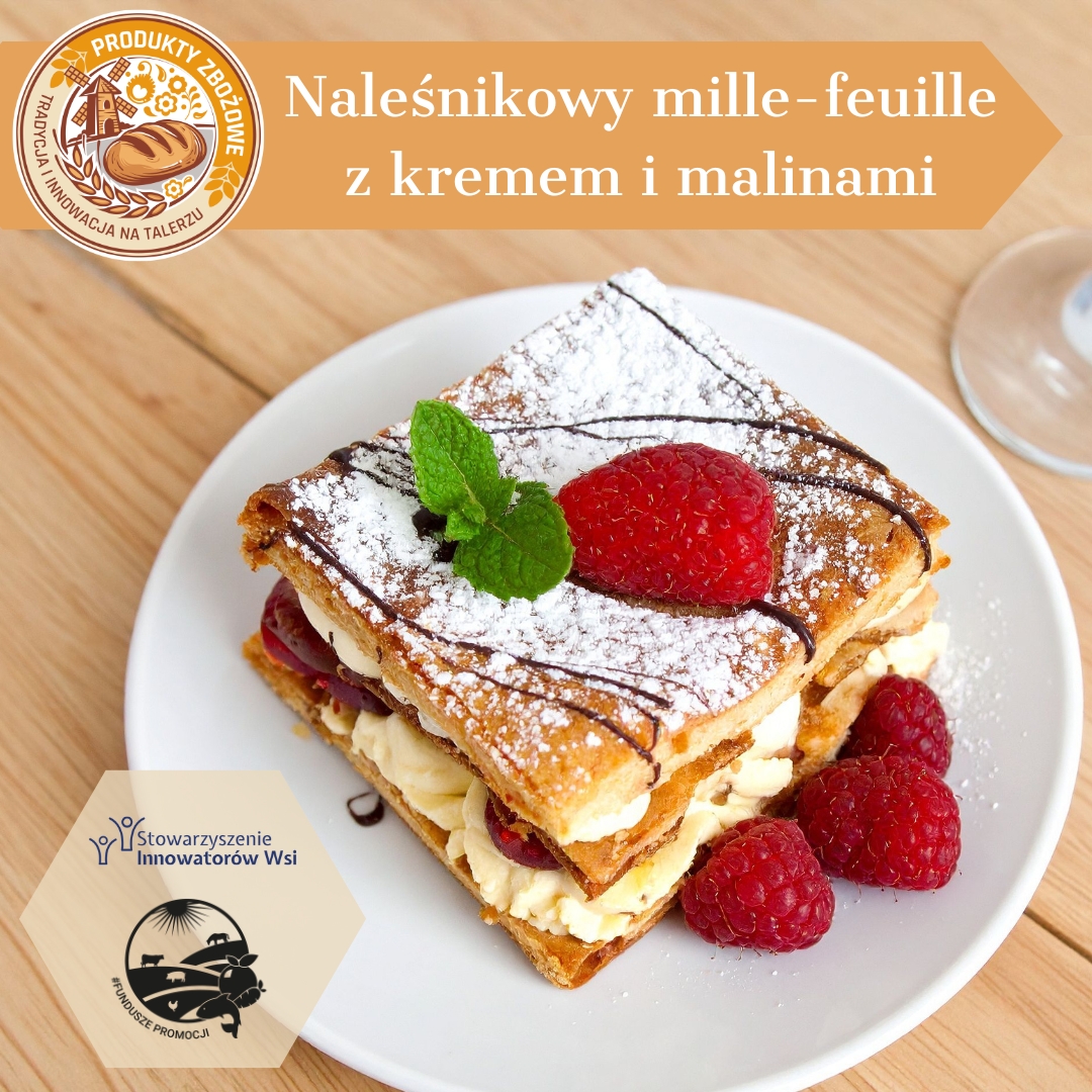 Nalesnikowy mille feuille z kremem i malinami z kluseczkami pszennymi